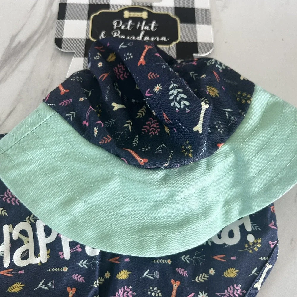 Woof Pet Hat & Bandana Happy Spring Size L/XL‎ 15 - 18 Inches, Blue Green BxN